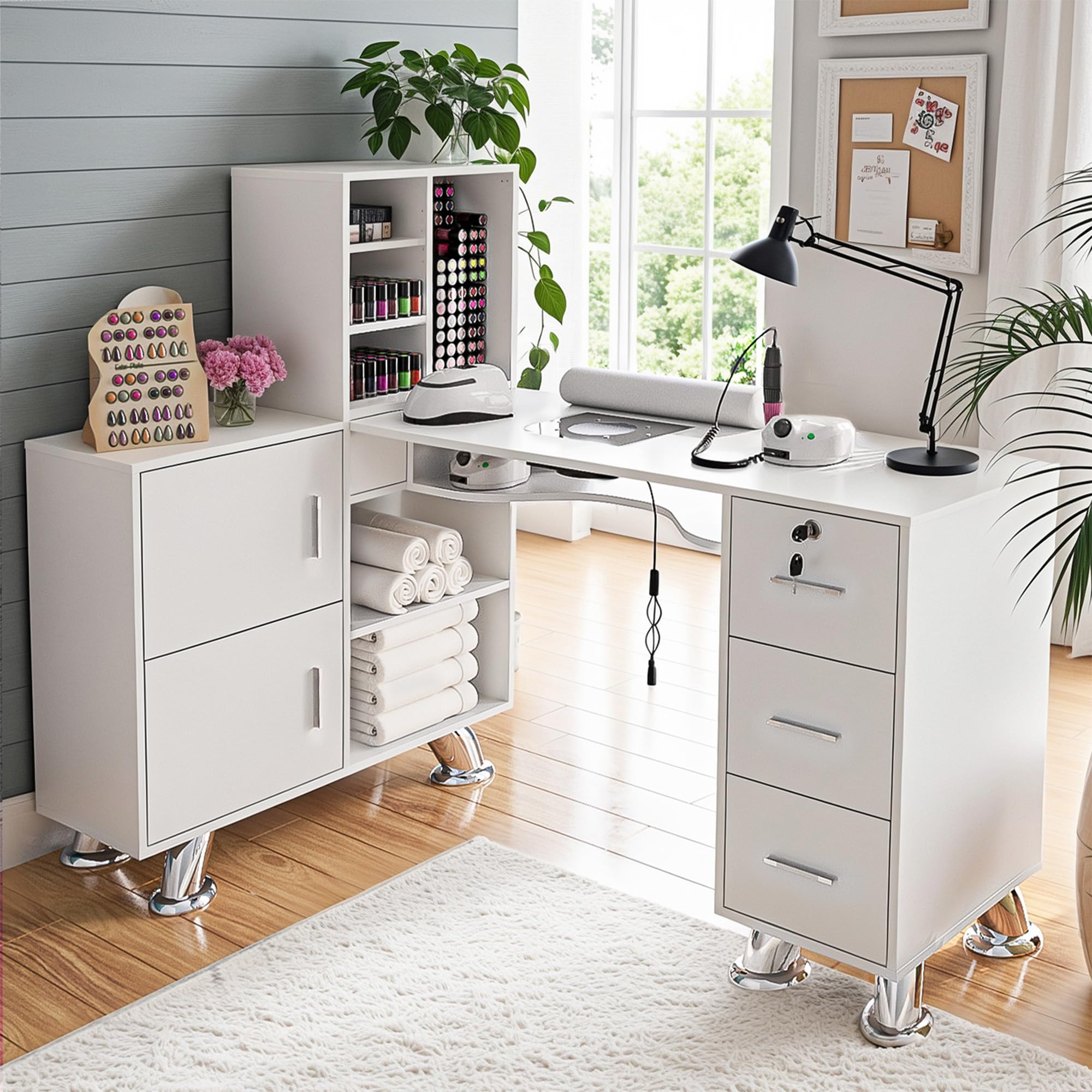 Manicure Table Nail Station w/Dust Collector - L-Shaped Nail Tech